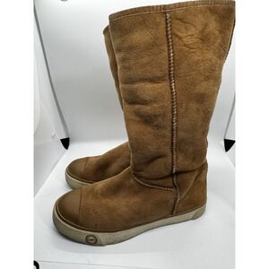 UGG Size 6 Delaine Fold Over Suede Sheepskin Shearling Fur Boots Brown EUC A15